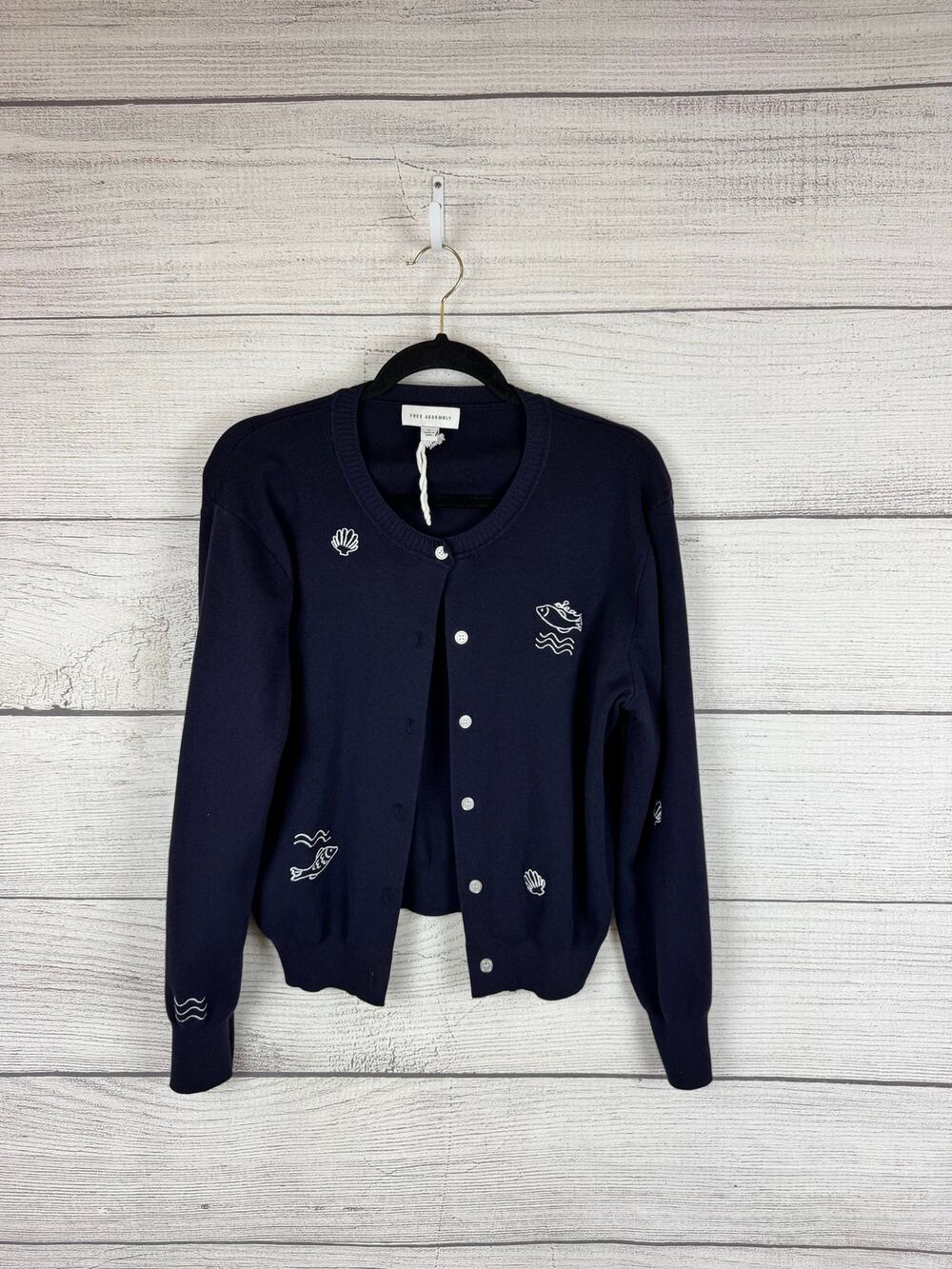 Free Assembly Women's Navy Blue Nautical Fish Embroidered Cardigan Size Large